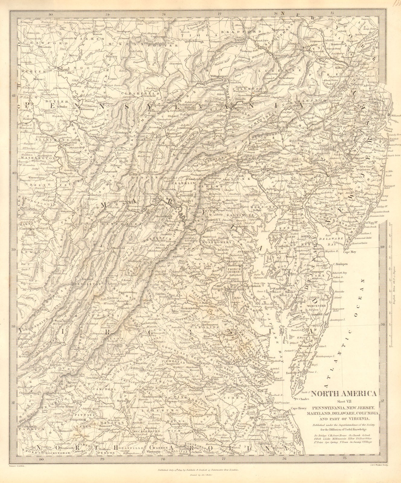 USA. Pennsylvania New Jersey Maryland Delaware DC Virginia. SDUK 1848 old map
